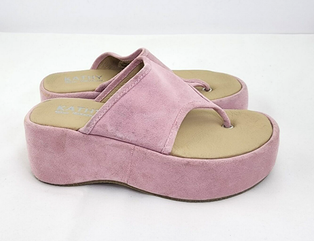 Vintage 90’s Kathy Van Zeeland Renee 6 Pink Suede Platform Flip Flops Y2K Chunky